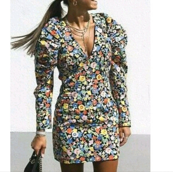 Zara Floral Puff Shoulder Mini Dress XS Dramatic Gigot Statement Sleeve Cotton - Picture 1 of 12